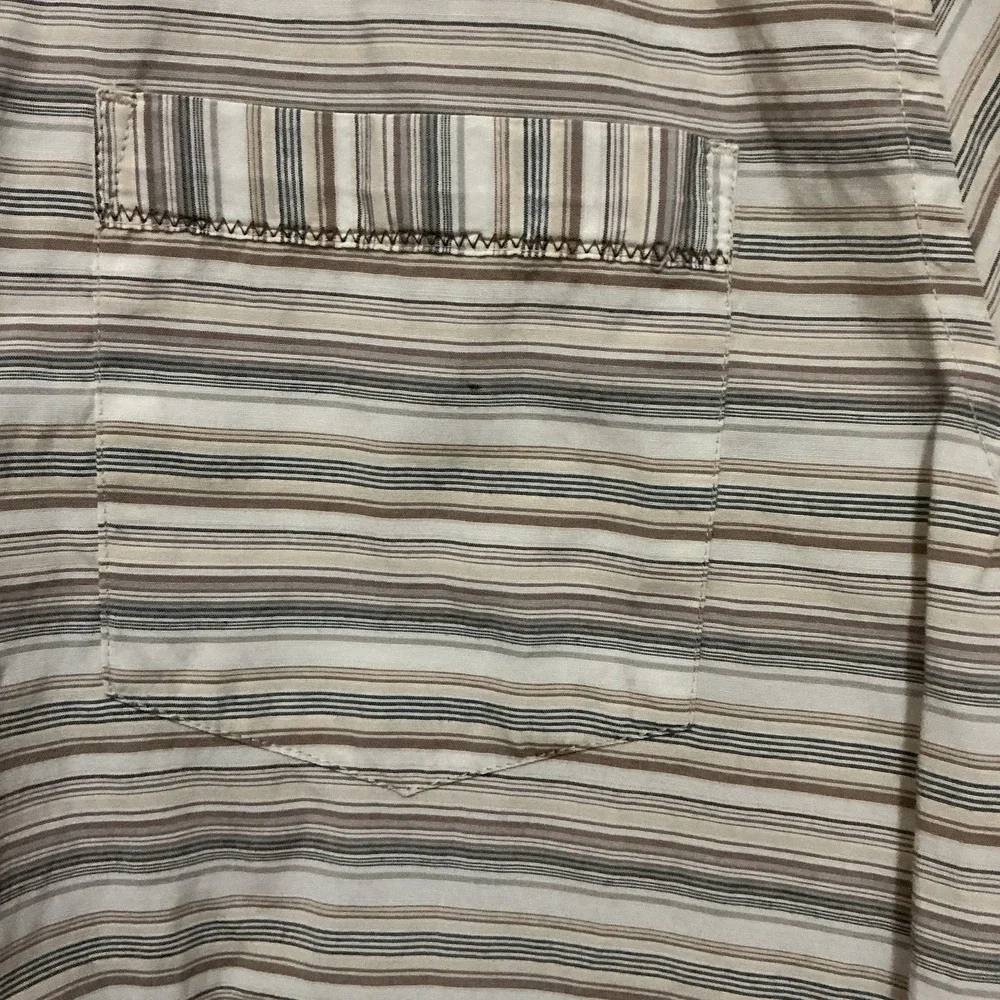 Prana Men's Button Up Short Sleeve‎ Shirt Stripes Large Neutral Tan Blue Cream